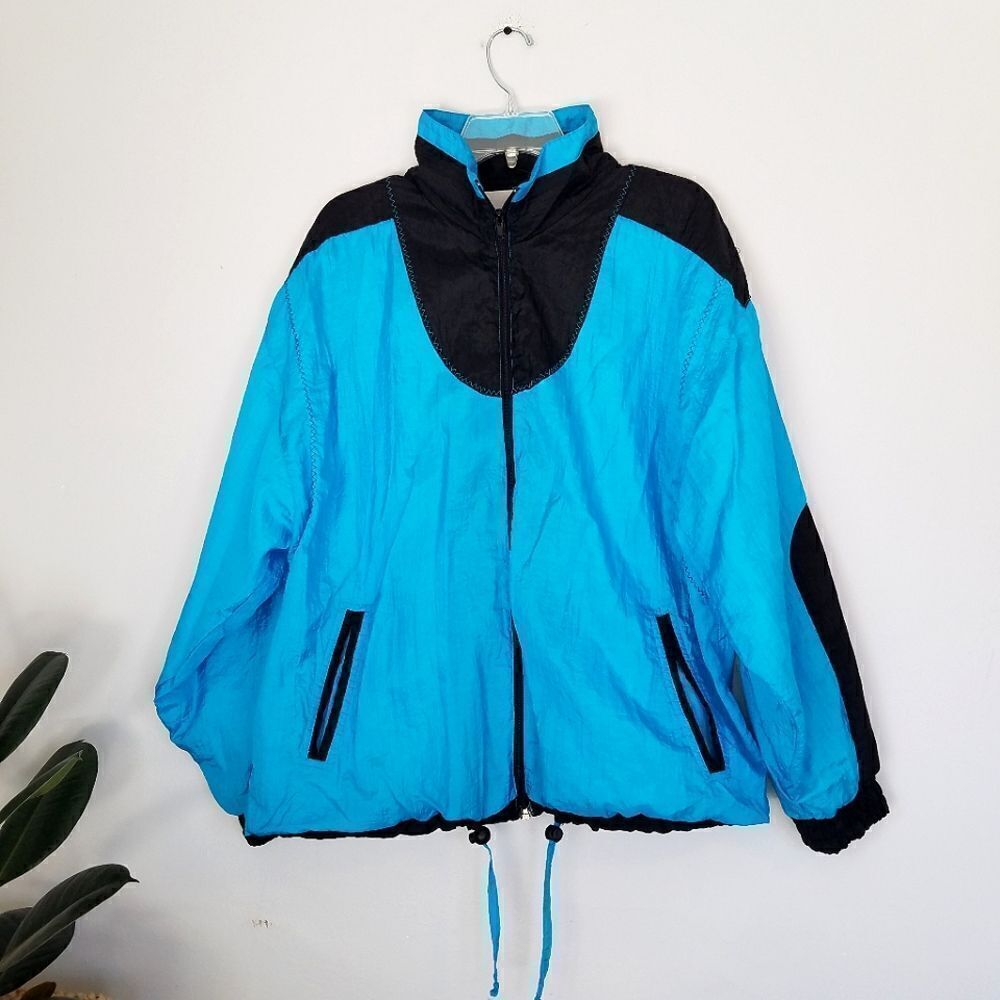 Vintage 90's Active Stuff Teal Black Color Block Zip Up Windbreaker Dad Jacket L